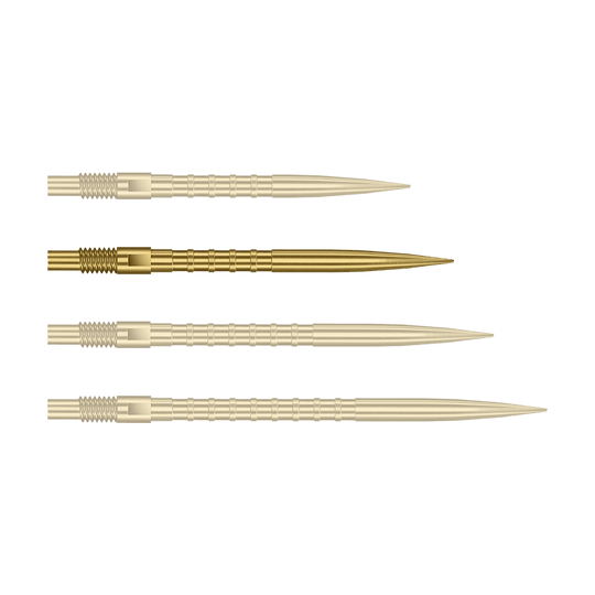 Abgebildet ist eine einzelne goldene Dartspitze mit 30mm Länge und Metallgriff. Es handelt sich um die Harrows Quick Point Heavy Metal Grip Dartspitzen Gold 30mm.