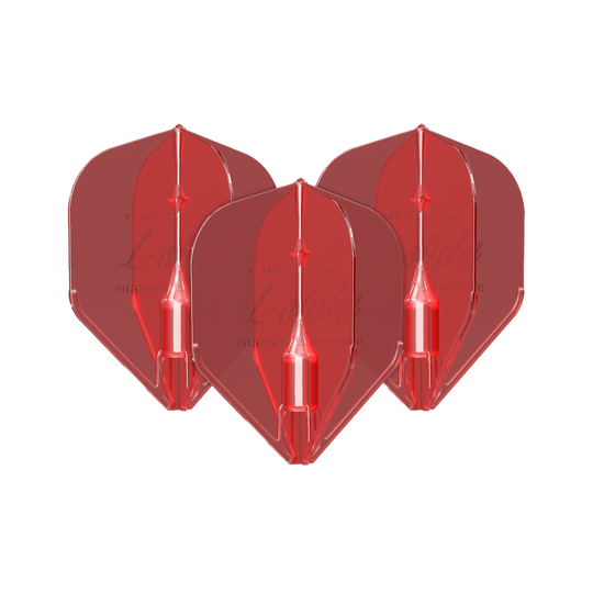 Plumas L-Style Fantom L1EZ Rojas Das Bild zeigt drei rote Dart-Flights des Modells "L-Style Fantom L1EZ". Sie sind aus durchsichtigem Material gefertigt und haben eine klassische Form.