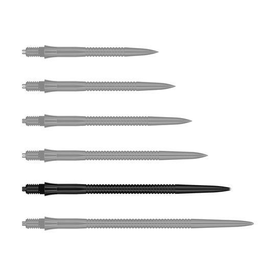Dieses Bild zeigt eine schwarze Dartspitze mit Rillenmuster, 45 mm lang. Die Dartspitze wird einzeln präsentiert.