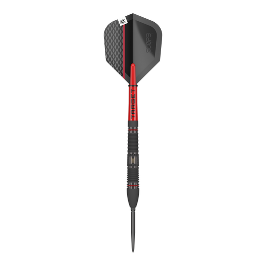 Dardos de acero Target Scope 02 Swiss Point Das Bild zeigt einen Target Scope 02 Swiss Point Steeldart. Der Dart ist schwarz und rot gestaltet und hat eine strukturierte Spitze sowie ein modernes Flight-Design.