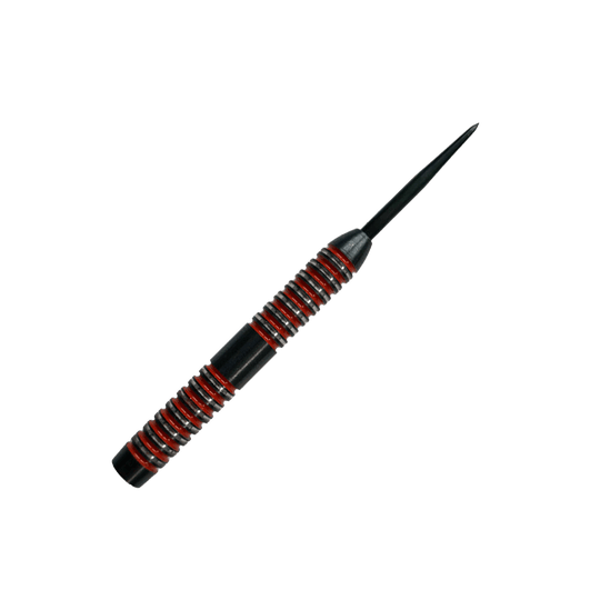 Barriles McDart Crimson Steeldart Das Bild zeigt einen McDart Crimson Steeldart Barrel. Der Barrel ist schwarz mit auffälligen roten Ringen und hat ein gerilltes Design für besseren Halt.