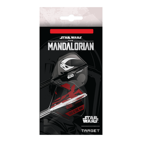 Dieses Bild zeigt das Target Star Wars K-Flex-Set Mandalorian No2 Standard Flights. Die Dart Flights haben ein Mandalorian-Design aus der Star Wars Serie.