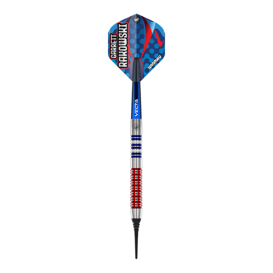 Dardos blandos Winmau Garrett Rakowski - 20g Das Bild zeigt einen Winmau Garrett Rakowski Softdart mit einem Gewicht von 20g. Der Dart hat ein farbenfrohes, modernes Design mit blauen, roten und silbernen Elementen.
