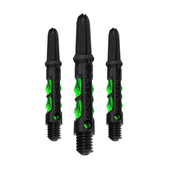 HR422_Harrows_Carbon_ST_Shafts_Gr-n_33mm_1 Das Bild zeigt drei schwarze Dartshafts mit grünen Akzenten. Auf den Shafts steht der Schriftzug "CARBON ST".