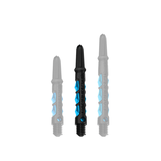 HR411_Harrows_Carbon_ST_Shafts_Aqua_40mm_1 Das Bild zeigt drei schwarze Harrows Carbon ST Shafts mit blauen Akzenten in der Farbe Aqua. Die Schäfte sind in unterschiedlichen Längen angeordnet und haben den Schriftzug "CARBON ST" aufgedruckt.