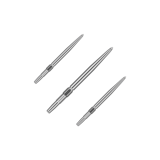 Puntas de dardos Target Swiss Point Silver Das Bild zeigt drei silberne Dartspitzen, die nebeneinander liegen. Sie sind lang und schmal mit gerillten Griffbereichen.
