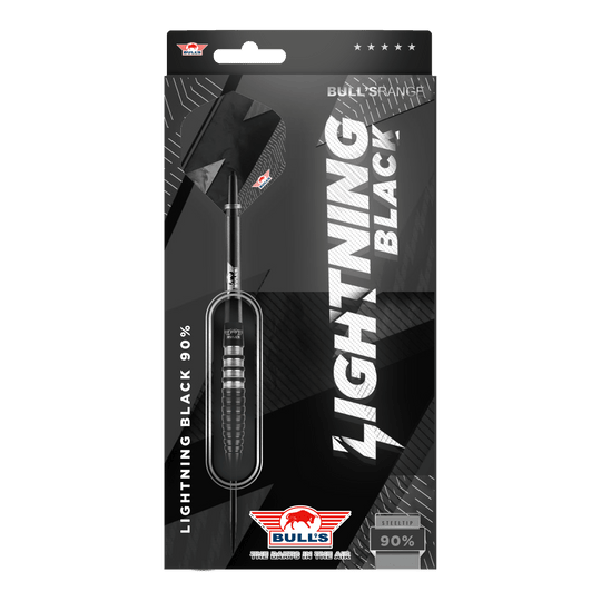 Dardos de acero negros Bulls NL Lightning Das Bild zeigt die Verpackung der "Bulls NL Lightning Black Steeldarts". Die Darts haben ein schwarzes Design und bestehen zu 90% aus Tungsten.