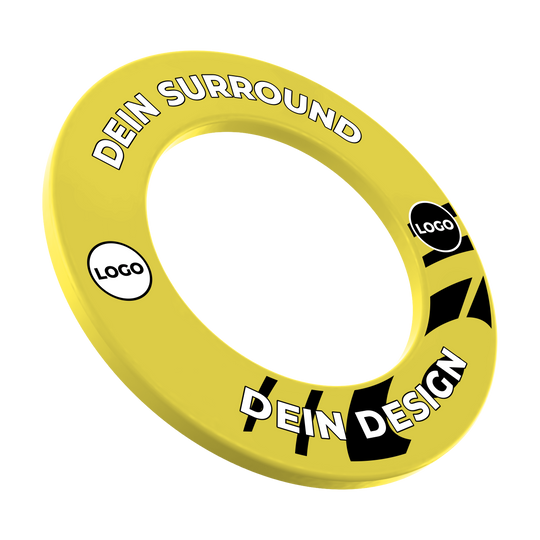 Marco de diana con tu diseño Das Bild zeigt ein Produkt namens MSF-Gelb_Dartboard_Surround_Wunschdruck_Gelb_1. Es handelt sich um einen gelben Dartboard-Surround mit individuellem Druck.