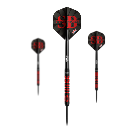Dardos de acero Bulls NL Stefan Bellmont 90 - 23 g Ein Satz Bulls NL Stefan Bellmont 90 Steeldarts mit 23 Gramm ist abgebildet. Die Darts sind speziell für das Steeldartspiel entwickelt.