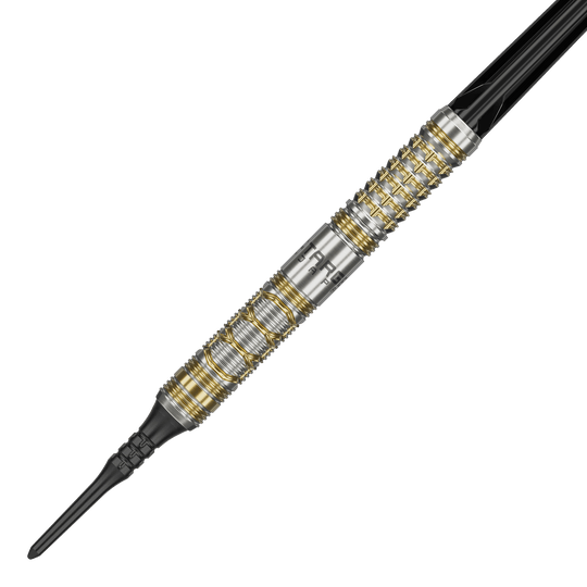 Dardos blandos Target Japan Black Marque Reyn GEN2 - 17,5 g Das Bild zeigt den Softdart "Target Japan Black Marque Reyn GEN2" mit einem Gewicht von 17,5 g. Der Dartpfeil hat ein silbernes Design mit goldenen Akzenten und einer schwarzen Spitze.