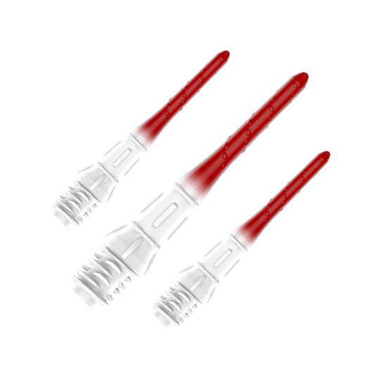 Das Bild zeigt drei hochwertige Dartspitzen mit einem Farbverlauf von Weiß zu Rot. Die Spitzen sind ordentlich nebeneinander angeordnet und haben eine glänzende Oberfläche.
