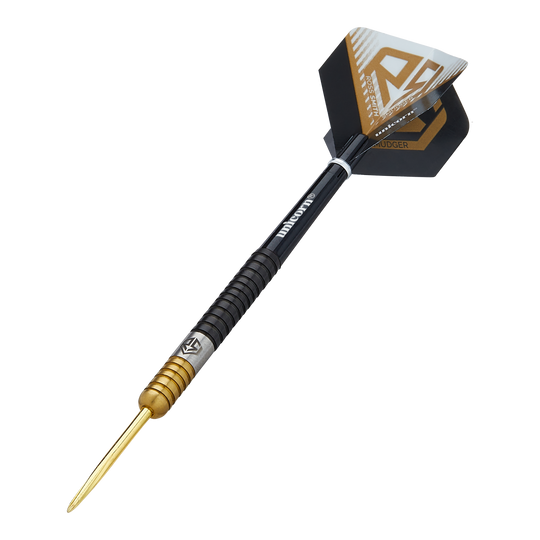 Dardos de acero bicolor Unicorn Ross Smith Dies ist ein Steeldart namens "Unicorn Ross Smith Two-Tone Steeldarts". Er hat eine goldene Spitze, einen zweifarbigen Griff und schwarze Flights mit gold-weißen Akzenten.