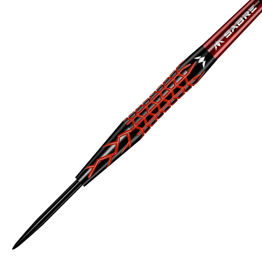 Misión Lava Steeldarts Das Bild zeigt einen Mission Lava Steeldart. Der Dart hat ein auffälliges schwarzes und rotes Design mit einem rautenförmigen Muster auf dem Griff.