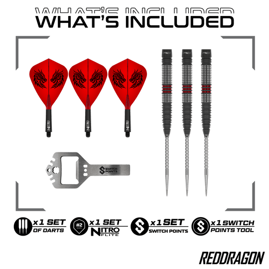 Red Dragon Jonny Clayton Hireath Switch Point Dardos de acero Zu sehen sind die Red Dragon Jonny Clayton Hireath Switch Point Steeldarts. Diese Pfeile sind für ihre hochwertige Verarbeitung bekannt.