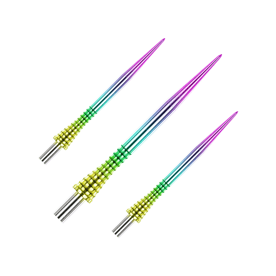 Puntas de dardos de acero arcoíris con agarre Raptor de Red Dragon de 30 mm Das Produkt Red Dragon Raptor Gripped Rainbow Steeldartspitzen 30mm ist als Set abgebildet. Die Spitzen haben ein spezielles Muster.