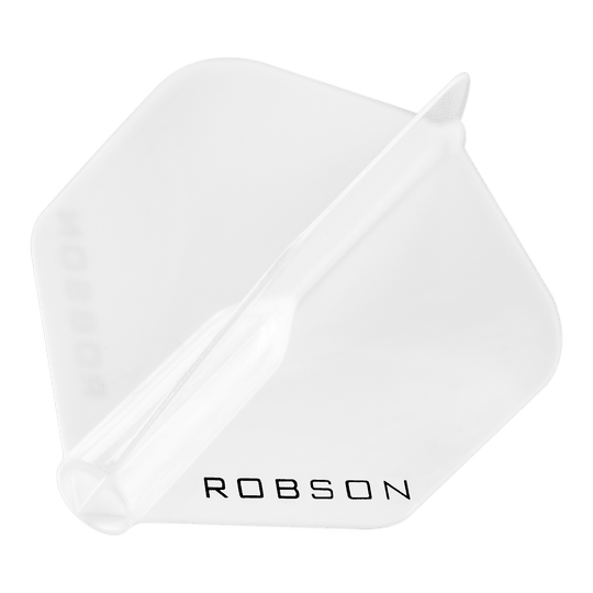 Das Bild zeigt einen transparenten Dartflight mit der Aufschrift "ROBSON". Der Flight hat eine standardmäßige, sechseckige Form.