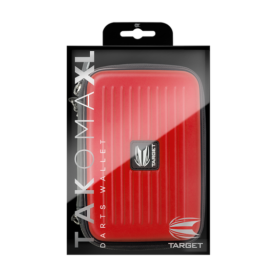 125855_Target_Takoma_XL_Dartwallet_Rot_3 Das Bild zeigt das Produkt "Target Takoma XL Dartwallet" in seiner Verpackung. Die Darttasche ist rot und hat ein kompaktes, geripptes Design mit einem Logo in der Mitte.