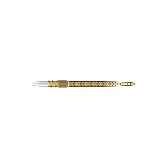 Puntas de dardos Target Swiss Point RVE - Oro Auf dem Bild ist eine goldfarbene Dartspitze mit einem Muster zu sehen. Der vordere Teil der Spitze ist silberfarben.