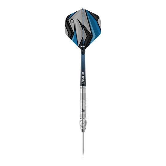 Dardos de acero Bulls Stone S1 Das Bild zeigt einen Steeldart der Marke Bulls, Modell Stone S1. Der Dart hat eine silberne Spitze und Schaft sowie ein Flight mit blau-schwarzem Muster.