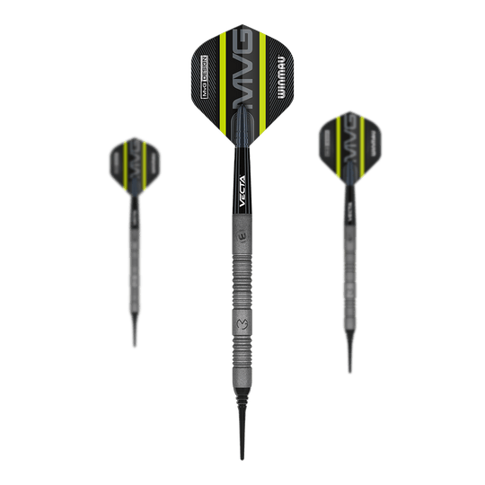 Dardos blandos Winmau Michael Van Gerwen Exact Das Bild zeigt drei Winmau Michael Van Gerwen Exact Softdarts. Die Darts haben schwarze Flights mit gelben und weißen Akzenten sowie einem silbernen, geriffelten Schaft.