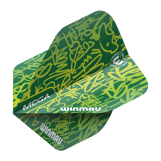 6900-241_Winmau_Mega_Green_Standard_Flights_2 Winmau Mega Green Standard Flights sind Dart-Flights mit auffälligem Muster. Die Farben und Formen sind modern arrangiert.