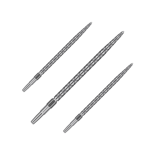 Puntas de dardos Target Swiss Diamond Pro Silver Points Auf dem Bild sind drei silberne Dartspitzen mit einem rautenförmigen Muster zu sehen. Sie sind nebeneinander angeordnet und haben eine Länge von 40 mm.