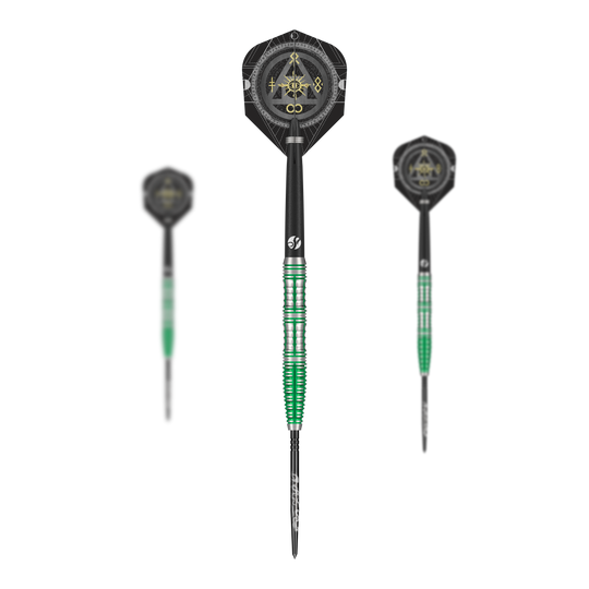 Zu sehen ist ein Set Shot Alchemy Mythril TurboPoints Steeldarts. Die Darts sind zusammen abgebildet.
