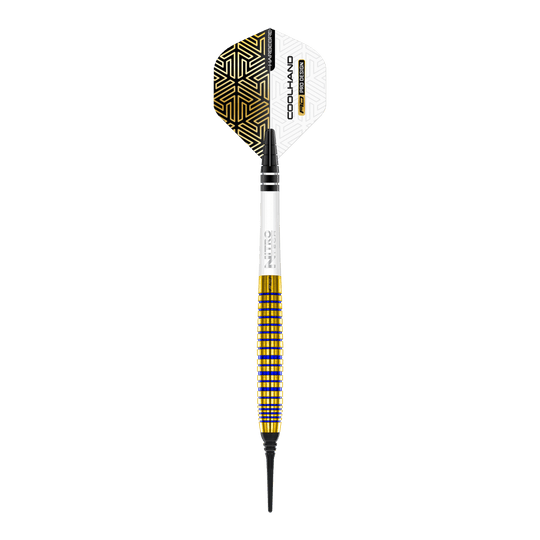 Dardos blandos Red Dragon Luke Humphries TX3 Gold SE - 20 g Das Bild zeigt einen Red Dragon Luke Humphries TX3 Gold SE Softdart mit einem Gewicht von 20g. Der Dart hat ein auffälliges Design mit goldenen und schwarzen Akzenten und einer weißen Flight.