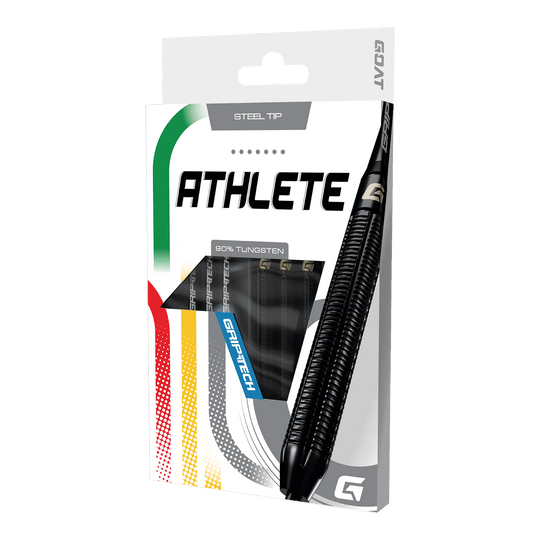 Dardos de acero de tungsteno negro GOAT Athlete Das Produkt GOAT Athlete Black Tungsten Steeldarts wird gezeigt. Die Darts sind für professionelle Spieler geeignet und in Schwarz gehalten.