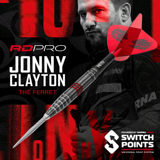 Dardos de acero Red Dragon Jonny Clayton RD-PRO Switch Point Zu sehen sind Red Dragon Jonny Clayton RD-PRO Switch Point Steeldarts. Das Bild fokussiert auf die präzise Verarbeitung und das Design der Dartpfeile.