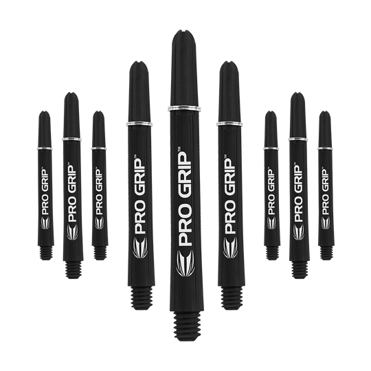 Varillas Target Pro Grip - 3 juegos - Color negro Auf dem Bild sind neun schwarze Pro Grip Dartschäfte zu sehen. Sie sind in drei Reihen angeordnet und auf jedem Schaft steht "PRO GRIP" in weißer Schrift.