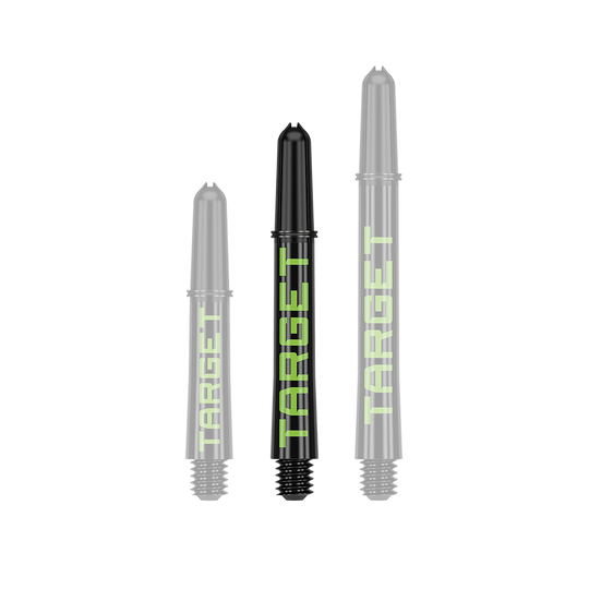 Varillas Target Pro Grip TAG - 3 juegos - Negro Verde Auf dem Bild sind drei schwarze Dartschäfte in verschiedenen Längen zu sehen. Auf jedem Schaft steht das Wort "TARGET" in grüner Schrift.