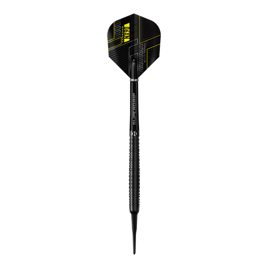 Dardos blandos Harrows NX90 Black Edition Das Bild zeigt einen Harrows NX90 Black-Edition Softdart. Der Dart ist schwarz mit gelben Akzenten und hat ein modernes, technisches Design.
