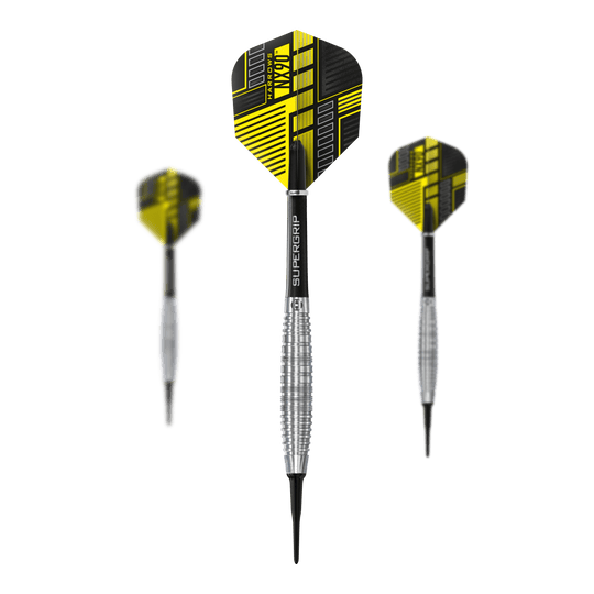 Dardos blandos Harrows NX90 Bomb Das Bild zeigt drei Harrows NX90 Bomb Softdarts mit schwarz-gelben Flights. Die Darts haben silberne, geriffelte Griffe und Spitzen aus Kunststoff.