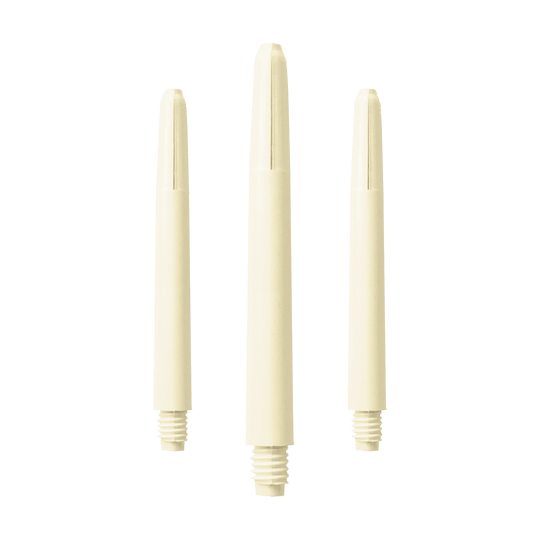 578_Nylon_Shafts_Naturweiss_48mm_1 Das Bild zeigt drei naturweiße Nylon-Schäfte für Dartpfeile. Sie sind in unterschiedlicher Länge dargestellt und haben ein Schraubgewinde am unteren Ende.