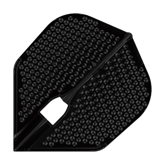 Plumas estilo L Dimple Champagne Forma L3PRO Das Bild zeigt ein schwarzes Dart-Flight mit Noppenstruktur. Es handelt sich um das Modell "L-Style Flights Dimple Champagne L3PRO Shape".