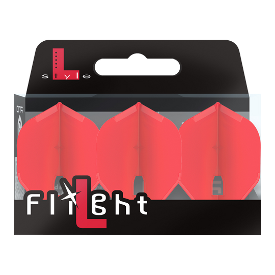 Plumas Estilo L Champán - Estándar L1PRO Auf dem Bild ist eine Verpackung mit drei roten Dartflights zu sehen. Die Marke „L-Style“ und der Schriftzug „Flight“ stehen auf der Vorderseite der Packung.
