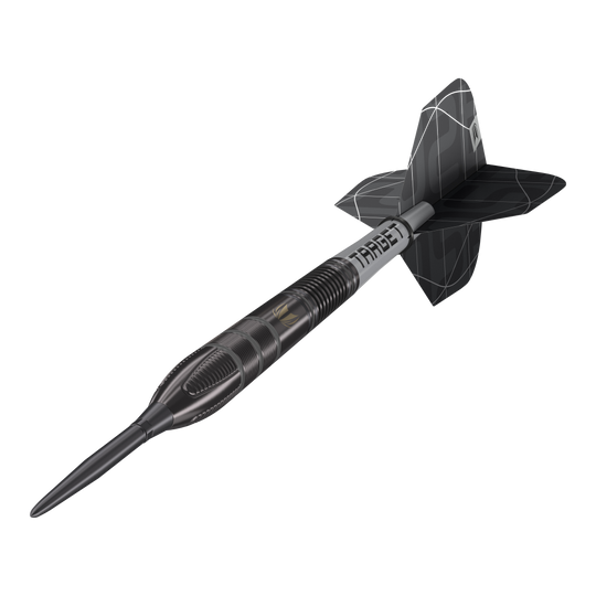 Dardos de acero Target Nathan Aspinall X Echo Swiss Point Das Bild zeigt einen Target Nathan Aspinall X Echo Swiss Point Steeldart. Der Dartpfeil ist schwarz-silbern und hat ein modernes, auffälliges Design.