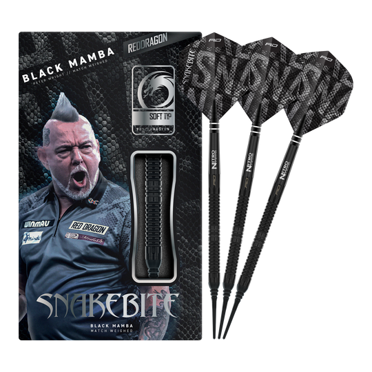 Dardos blandos Red Dragon Peter Wright Snakebite Black Mamba - 20 g Auf dem Bild ist der Red Dragon Peter Wright Snakebite Black Mamba Softdart mit 20g zu sehen. Er überzeugt durch seine professionelle Verarbeitung und sein elegantes Aussehen.