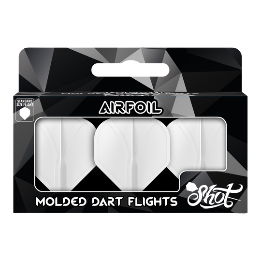Perfil aerodinámico moldeado No2 Vuelos estándar Die Verpackung zeigt drei weiße, geformte Dart-Flights der Marke Shot. Auf der Vorderseite steht „Airfoil – Molded Dart Flights“ in großen Buchstaben.