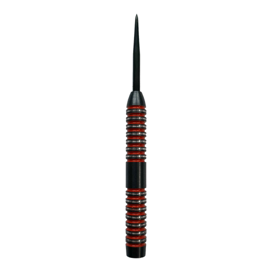 Barriles McDart Crimson Steeldart Das Bild zeigt einen McDart Crimson Steeldart Barrel mit schwarzem und rotem Design. Der Barrel hat eine gerillte Oberfläche für besseren Halt.