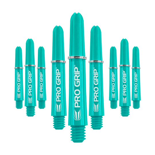 Varillas Target Pro Grip - 3 juegos - Aqua Das Bild zeigt neun türkisfarbene Dartschäfte mit der Aufschrift "PRO GRIP". Die Schäfte sind in einer Gruppe angeordnet und haben silberne Ringe.