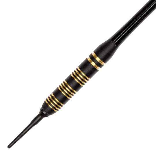 SO20-5_Royal_Softdarts_2 Das Bild zeigt einen Royal Softdart mit einem Gewicht von 17g. Der Dart ist schwarz mit goldenen Ringen verziert.