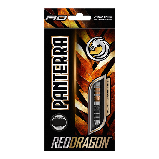 Dardos de acero Red Dragon Panterra Die Abbildung zeigt die Verpackung der "Red Dragon Panterra Steeldarts". Das Design ist auffällig mit goldenen und schwarzen Farben gestaltet und hebt den Dart mit 90% Tungsten-Anteil hervor.
