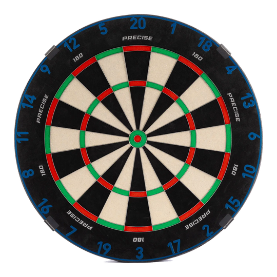Diana de dardos Precise 180 Endorphine de acero con anilla numérica - Azul Ártico Das ist das Precise 180 Endorphine Steeldartboard mit Nummernring in Arctic Blue. Das Dartboard wird in leuchtendem Blau gezeigt.
