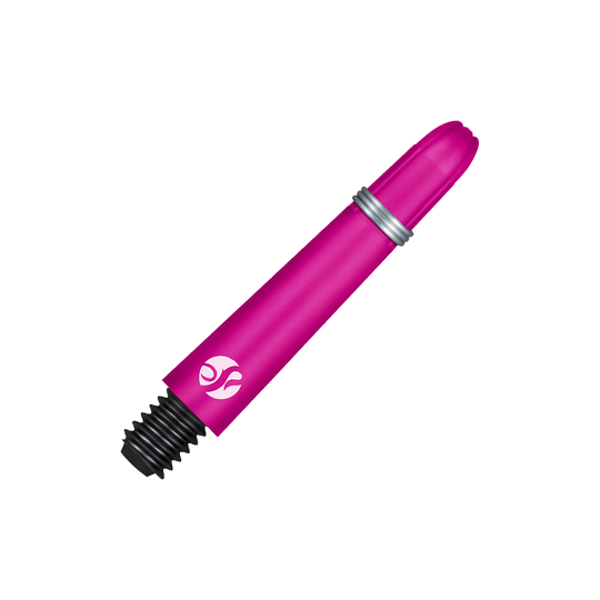 Flechas de carbono Shot Koi - Rosa Das Bild zeigt einen pinkfarbenen Dartshaft mit Schraubgewinde. Der Schaft hat einen silbernen Ring und ein weißes Logo.