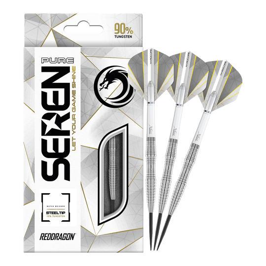 Red Dragon Seren 3 Dardos de Acero Puro Auf dem Bild sind die "Red Dragon Seren 3 Pure Steeldarts" zu sehen. Die Verpackung und drei silberne Steeldarts mit weißen Flights sind abgebildet.