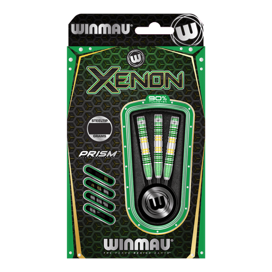 Dardos de acero Winmau Xenon Das Bild zeigt eine Packung Winmau Xenon Steeldarts. Die Verpackung ist überwiegend schwarz-grün und enthält drei Darts mit bunten Griffen.