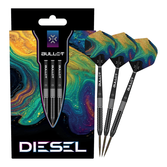 Hier wird das Produkt Bullet Diesel Steeldarts präsentiert. Die Steeldarts sind für den professionellen Dartsport geeignet.