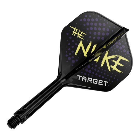 Das Bild zeigt einen schwarzen Dartflight mit dem Schriftzug "THE NUKE" und "TARGET" darauf. Der Hintergrund des Flights ist mit lila Punkten verziert.